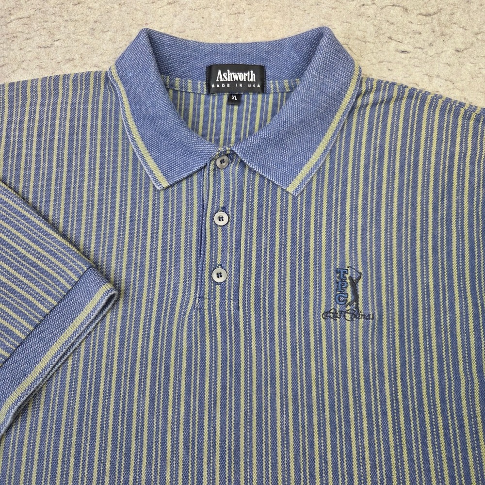 Vintage TPC Ashworth Golf Polo Shirt Mens XL Blue Stripes Short Sleeve USA Made